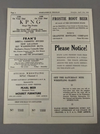 SPORTATORIUM Wrestling Program 1962 No.24