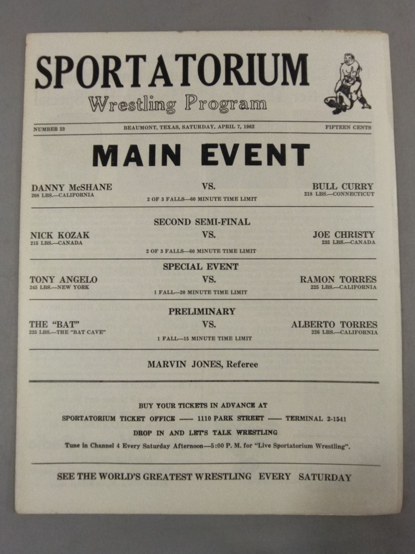 SPORTATORIUM Wrestling Program 1962 No.23