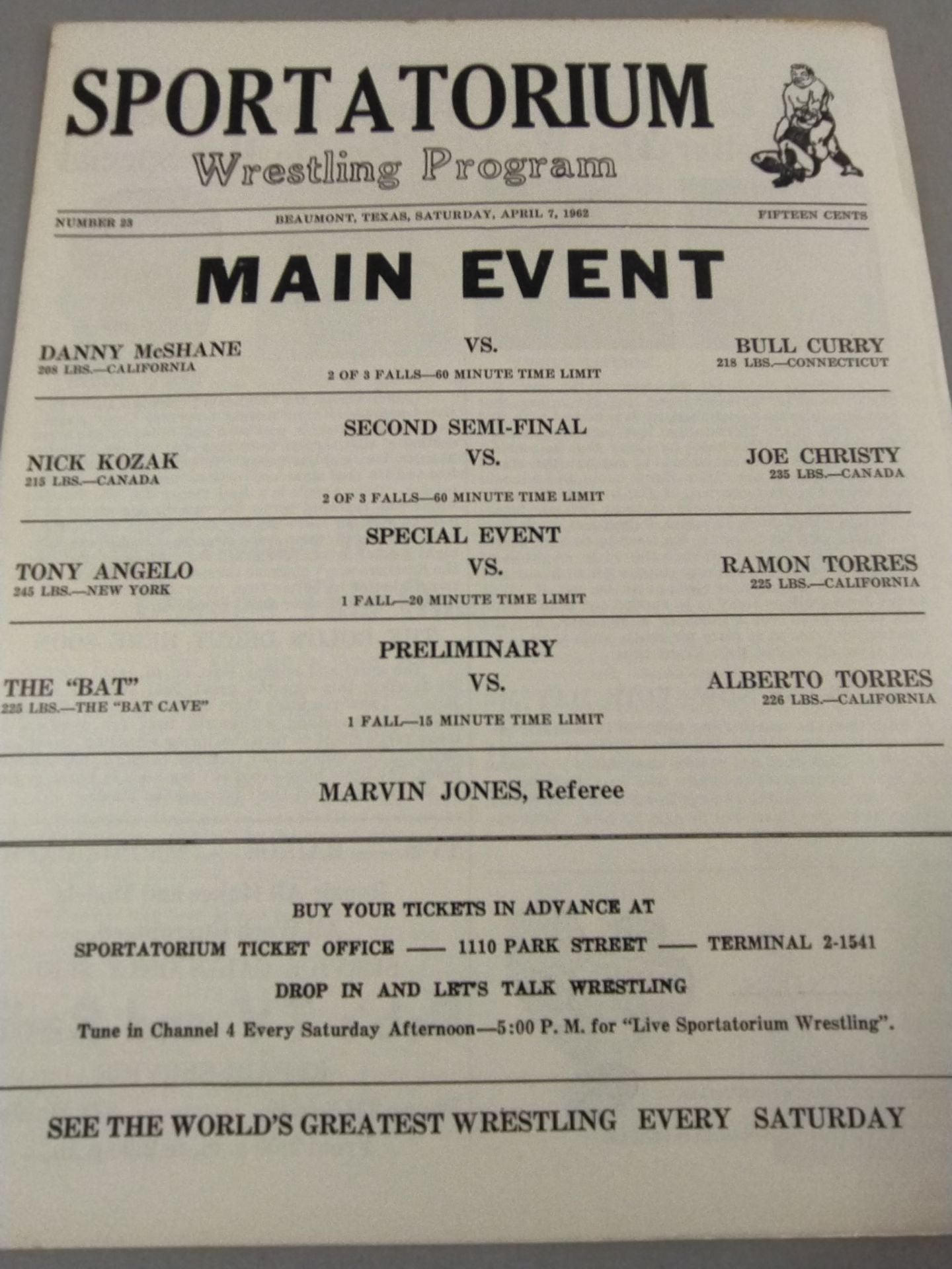 SPORTATORIUM Wrestling Program 1962 No.23