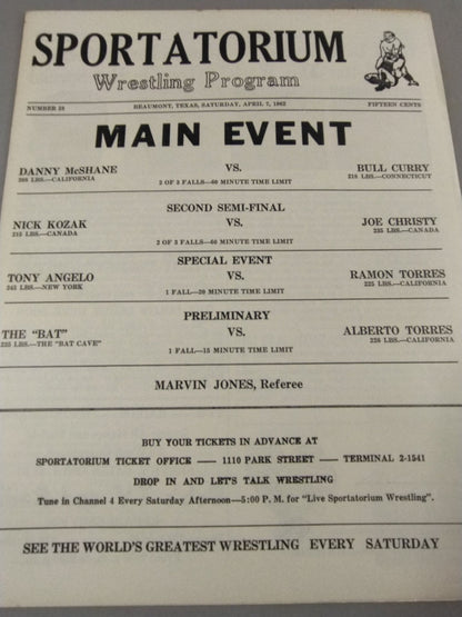 SPORTATORIUM Wrestling Program 1962 No.23