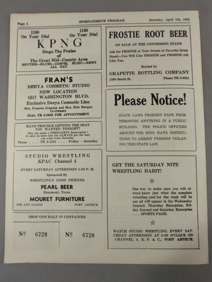 SPORTATORIUM Wrestling Program 1962 No.23