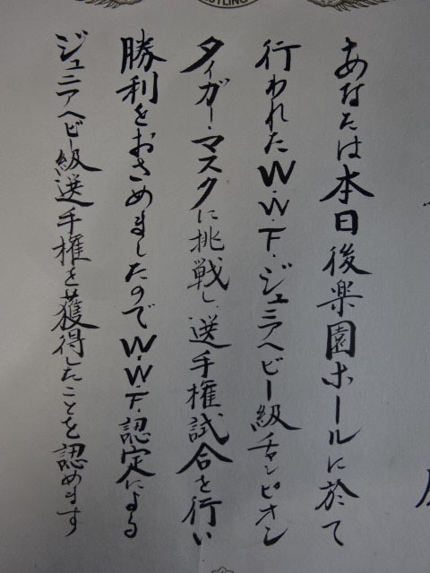 ★ Tiger Mask vs. Steve Wright ★: WWF Junior Heavyweight Championship Fighters Championship Winner Certificate