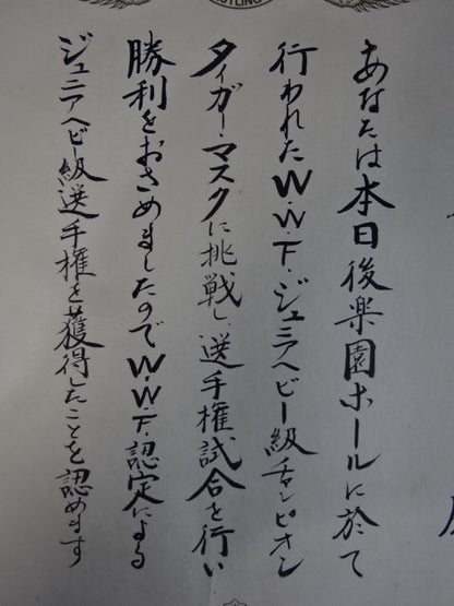 ★ Tiger Mask vs. Steve Wright ★: WWF Junior Heavyweight Championship Fighters Championship Winner Certificate