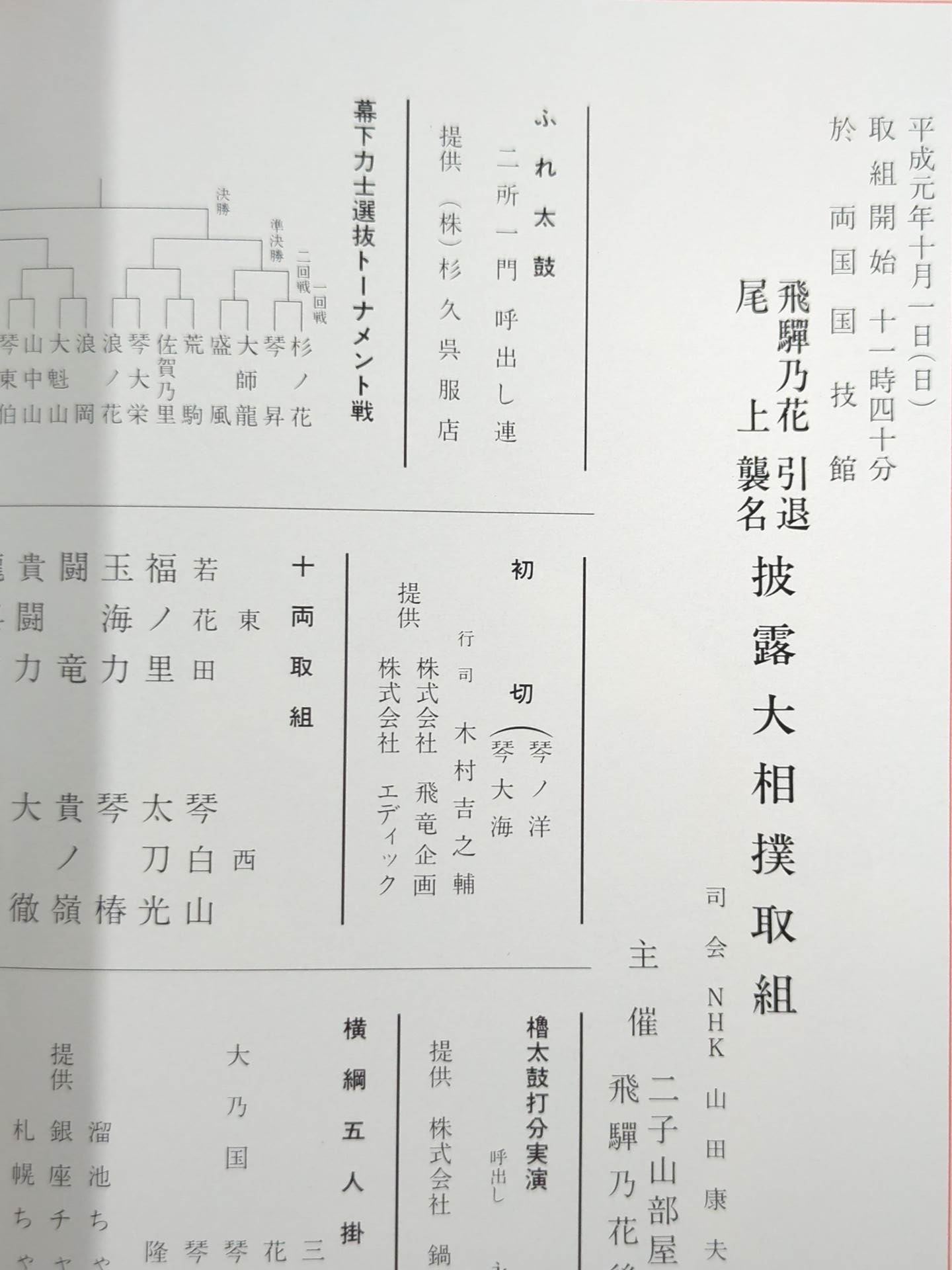 飛騨乃花引退・尾上襲名 披露大相撲 取組表