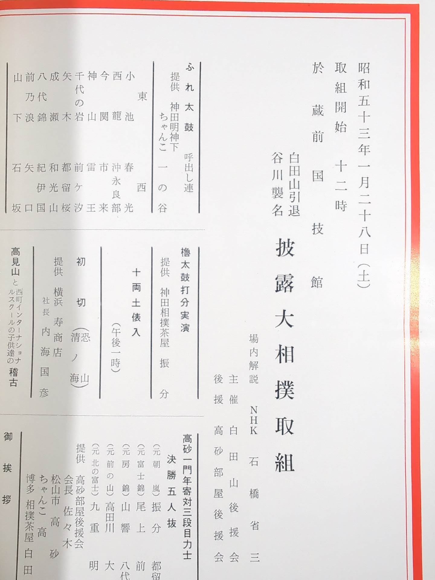 白田山引退・谷川襲名 披露大相撲 取組表