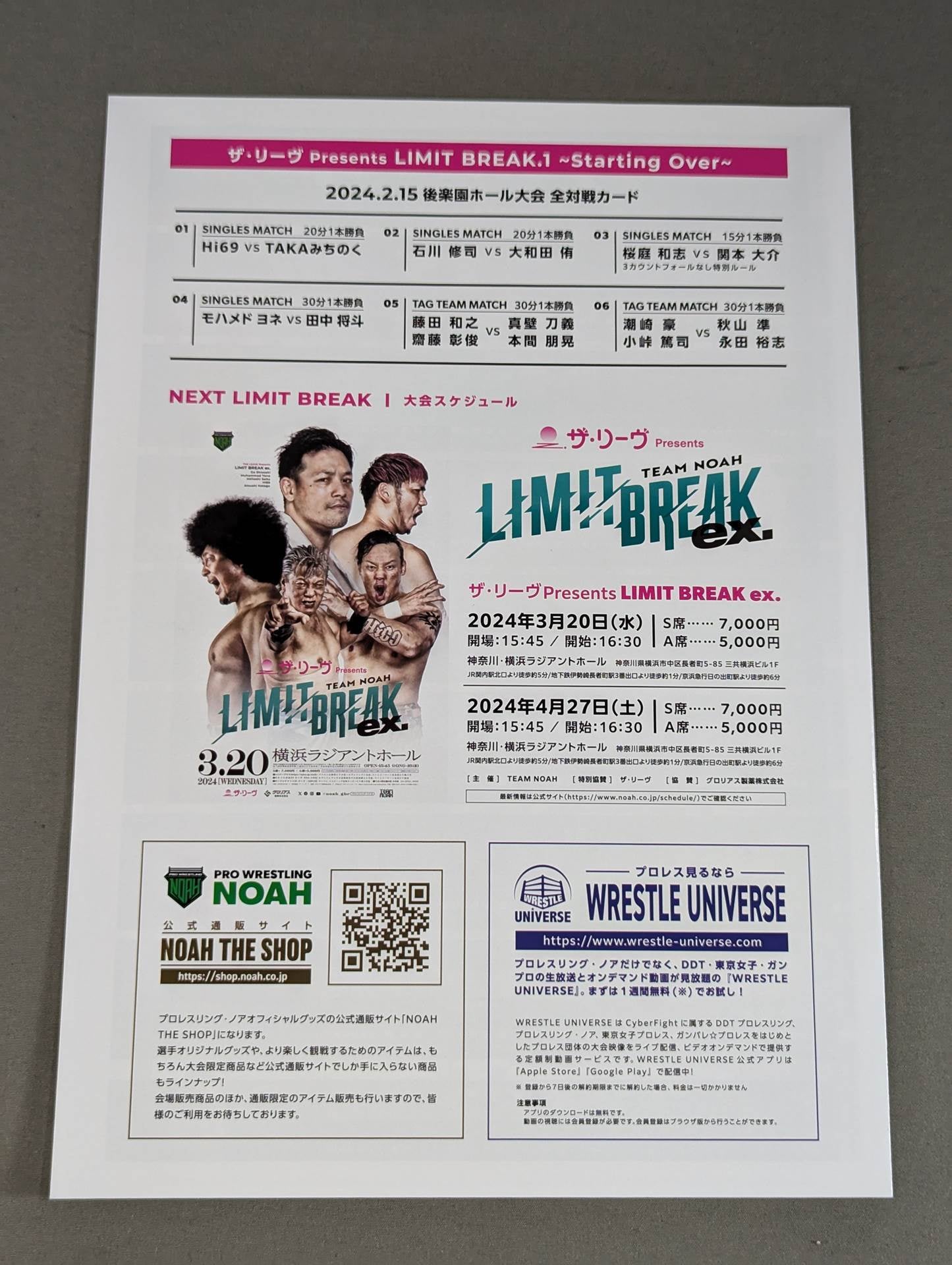 小峠篤司 直筆サイン入り】TEAM NOAH「LIMIT BREAK.1」チラシ