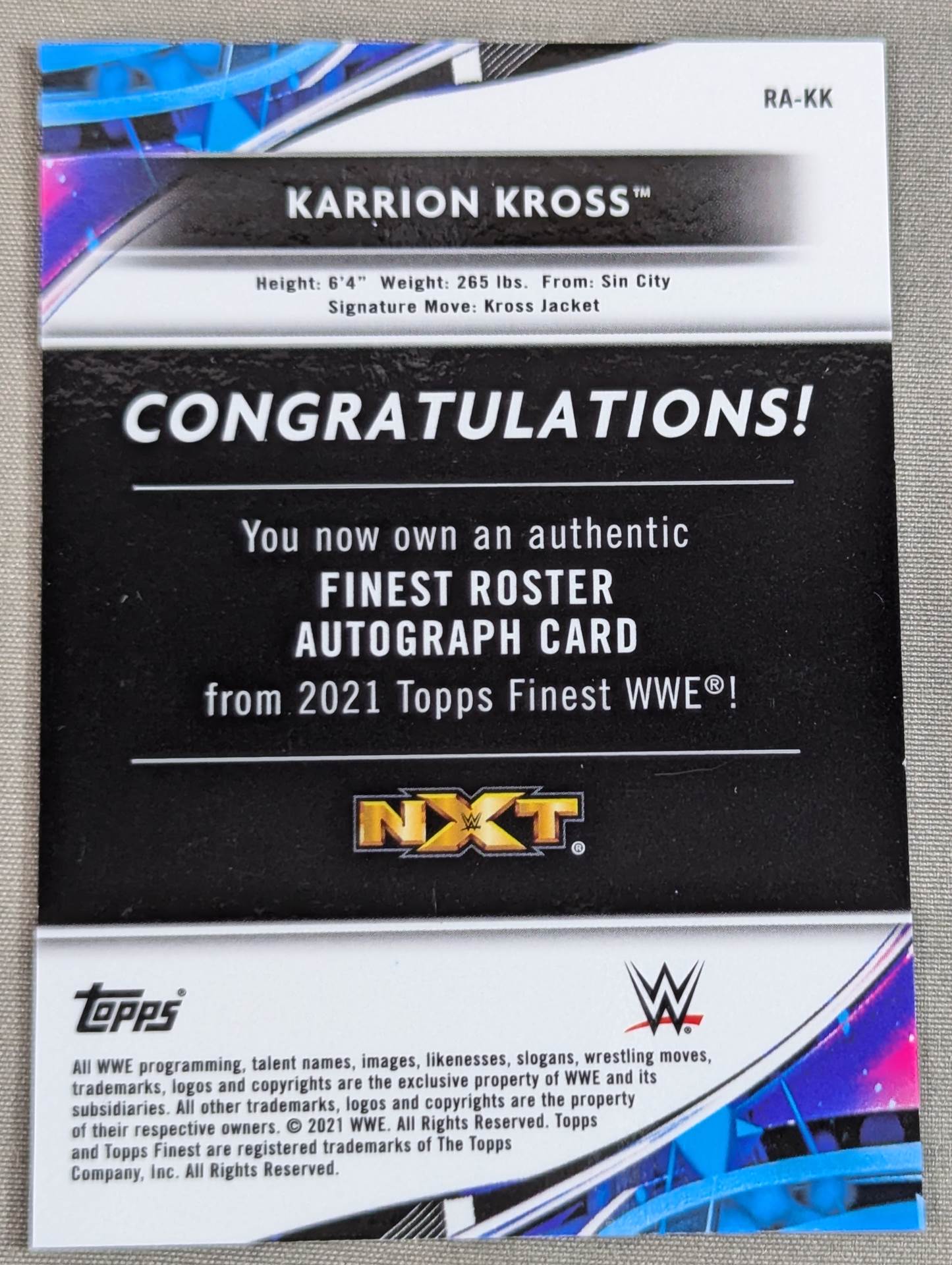2021 NXT topps Karion Cross Official Autographed Card