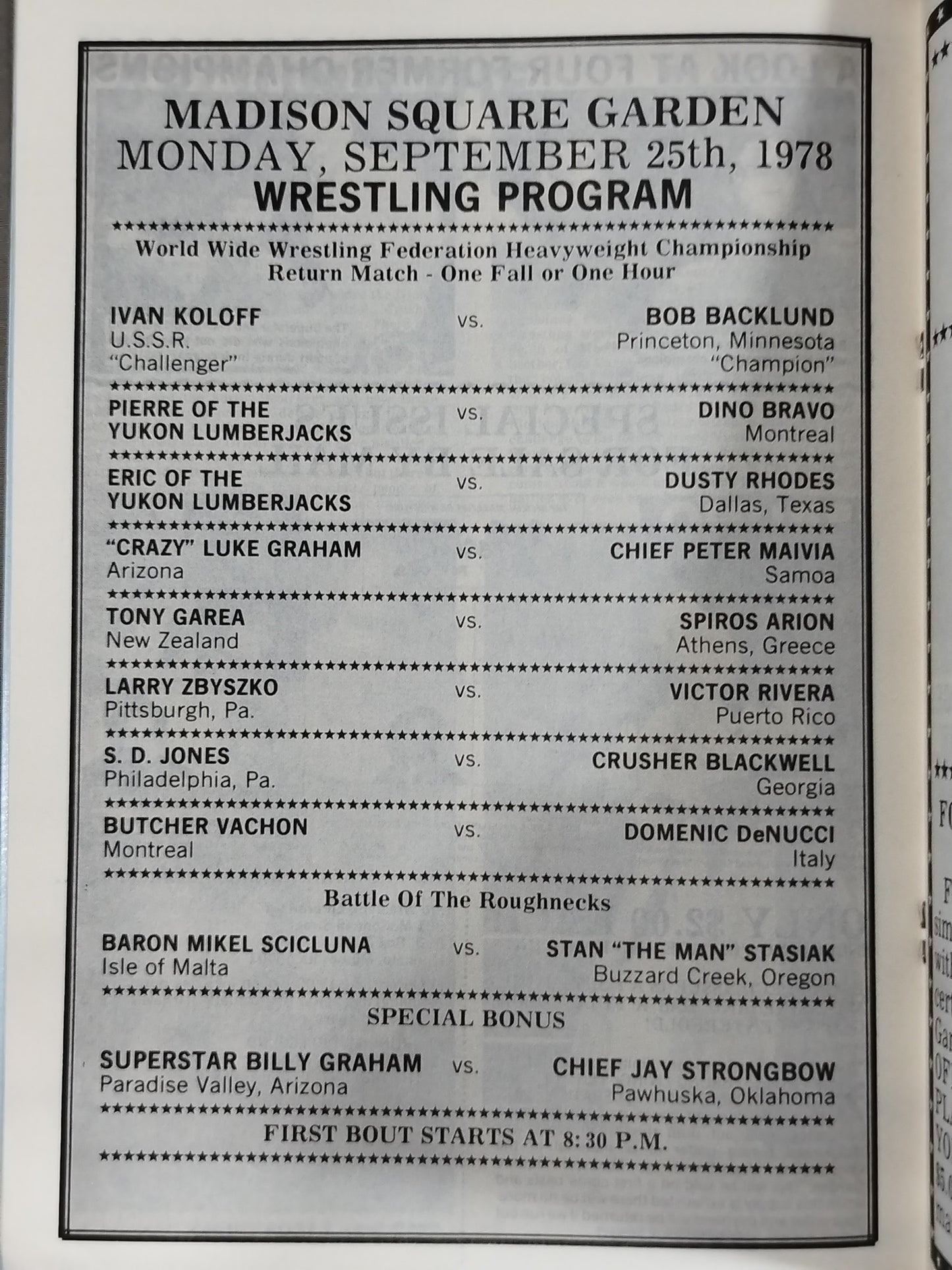 ★バックランドvsコロフ 王座戦★ W.W.W.F. CHAMPIONSHIP WRESTLING OFFICIAL PROGRAM MAGAZINE