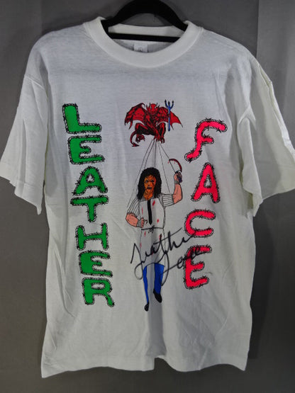 【hand signed autograph】 Leather Face Illustration T-Shirt(5)(IWA / White)