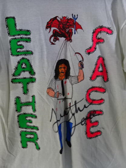 【hand signed autograph】 Leather Face Illustration T-Shirt(5)(IWA / White)