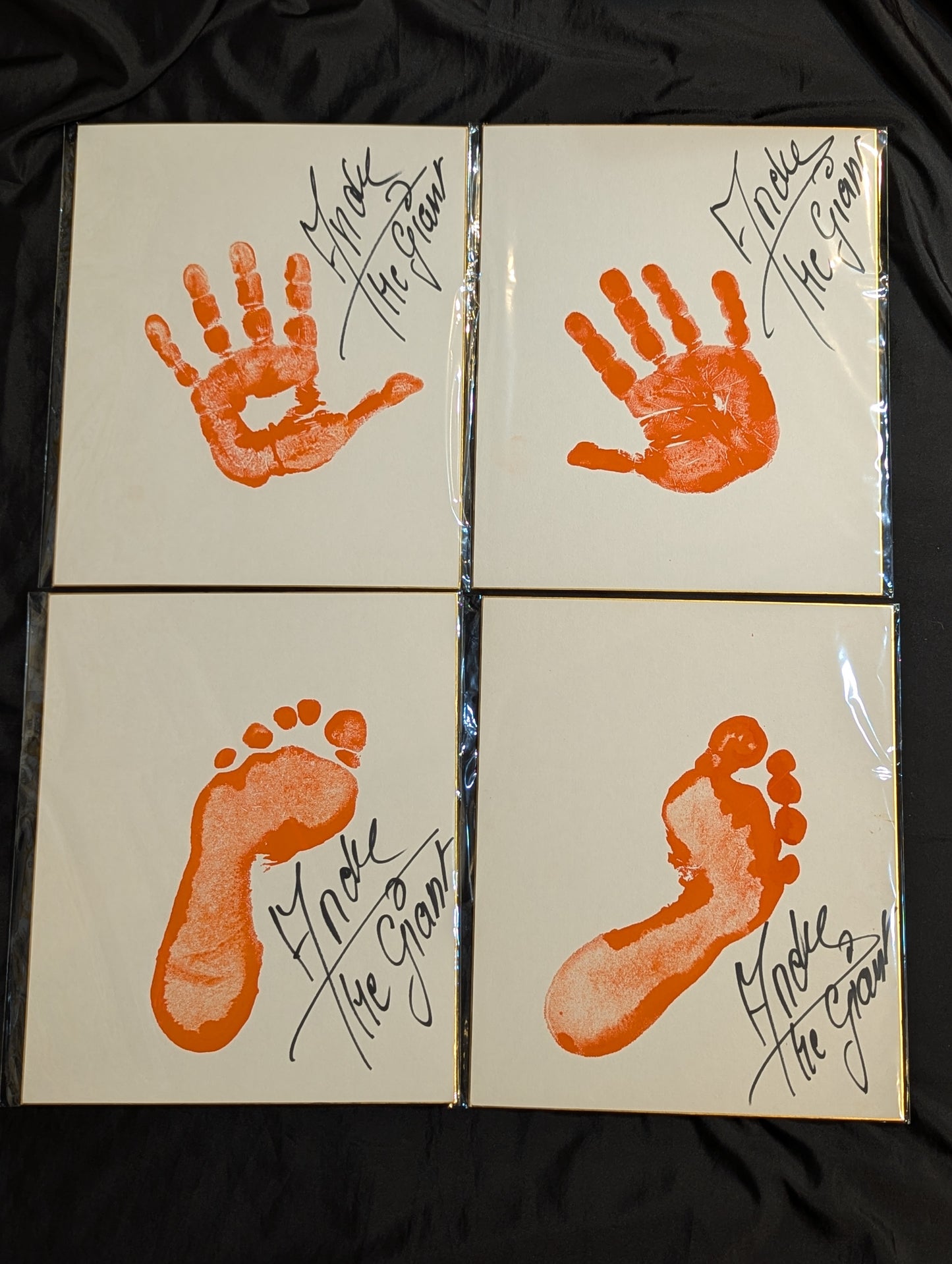 Andre the Giant  worn by him  shoes and worn by him slacks, left and right Handprint and footprint direct sign Shikishi ( Autograph board )  set