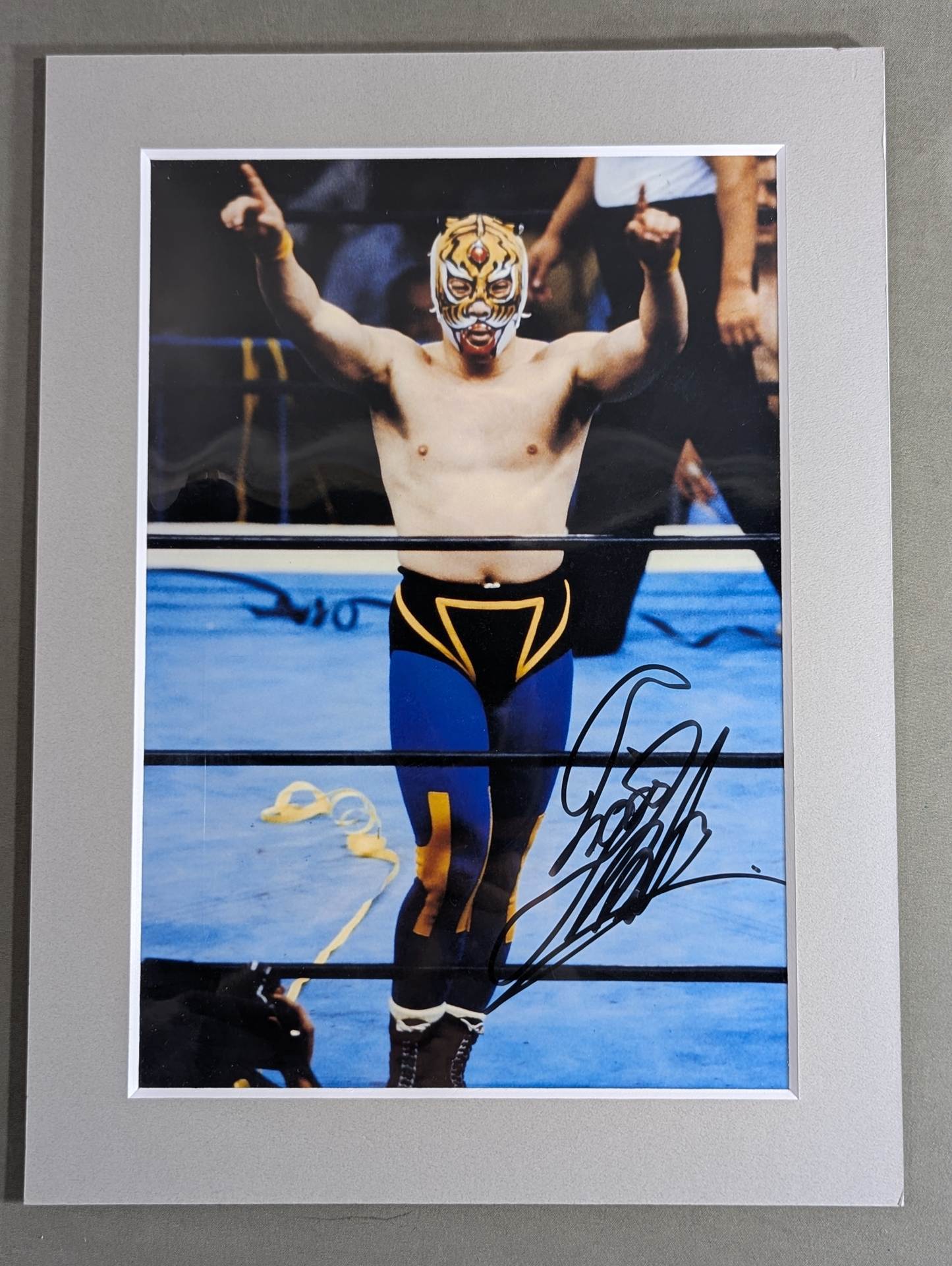 本日限定価格 直筆サイン入り)初代タイガーマスクのプロレスマスク ブルメタⅢマー 初代タイガーマスク 直筆サイン入り 写真パネル(人差し指突き上げ