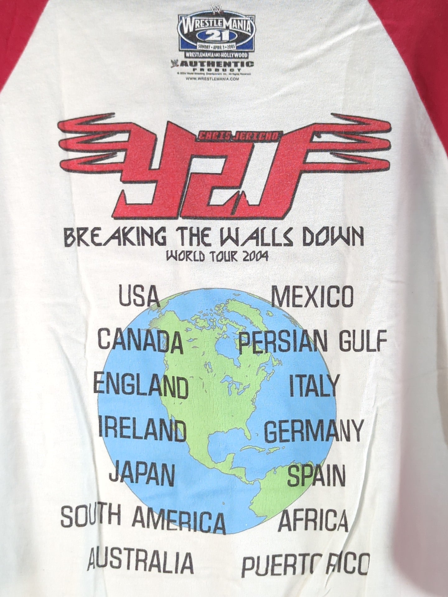 クリス・ジェリコ「BREAKING THE WALLS DOWN / WORLD TOUR 2004」ラグランTシャツ(WWE(2004) / ホワイト)