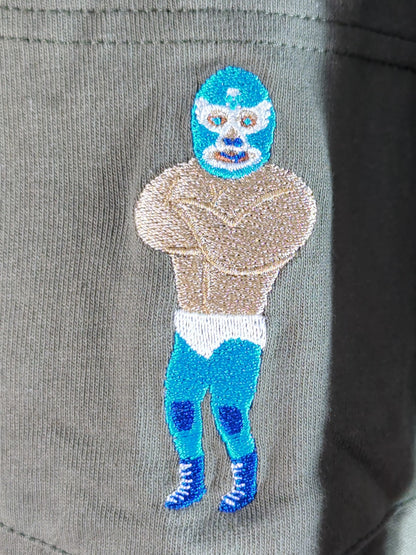 ルチャリブレ「ルチャドール刺繍」Tシャツ(モスグリーン)