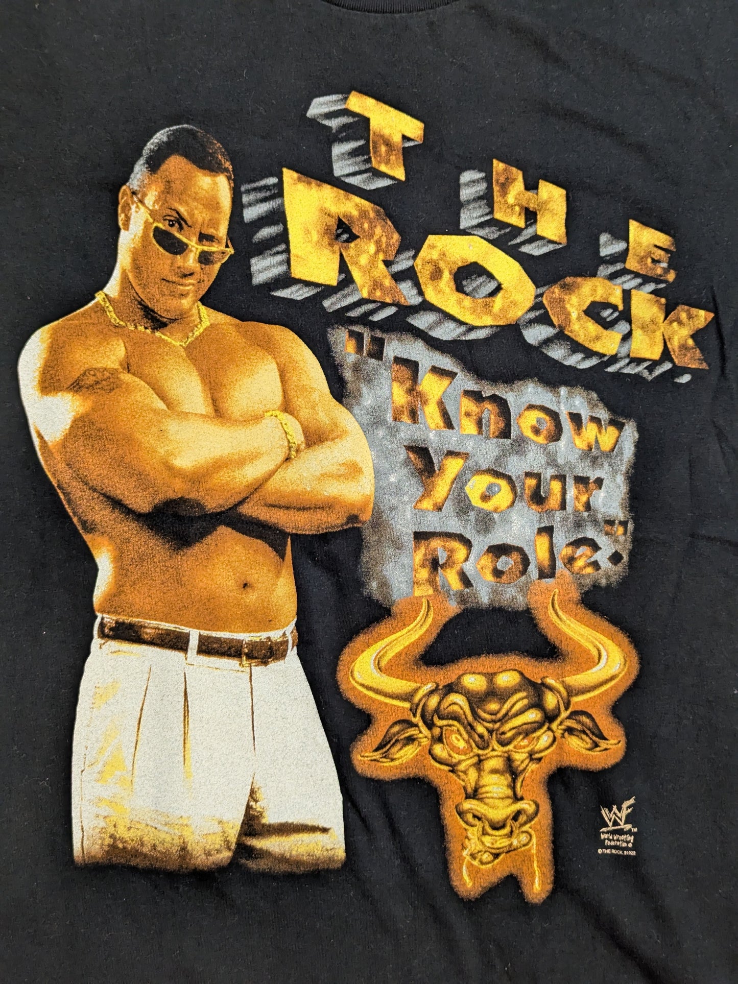 ザ・ロック「THIS ROCK DOESN'T BLEED」ピクチャーTシャツ(WWF(1990s) / ブラック)