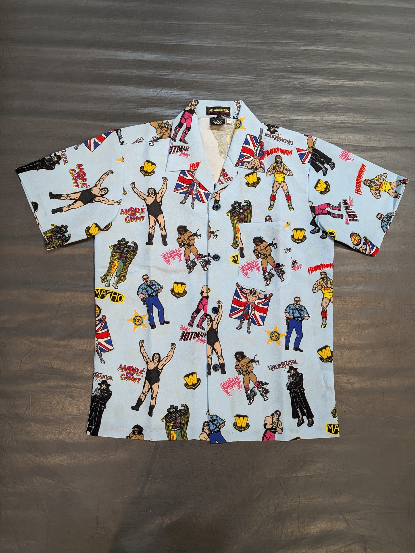 WWE LEGENDS × Regulus All-over Pattern Aloha Shirt (WWE (2010s) / Light Blue)