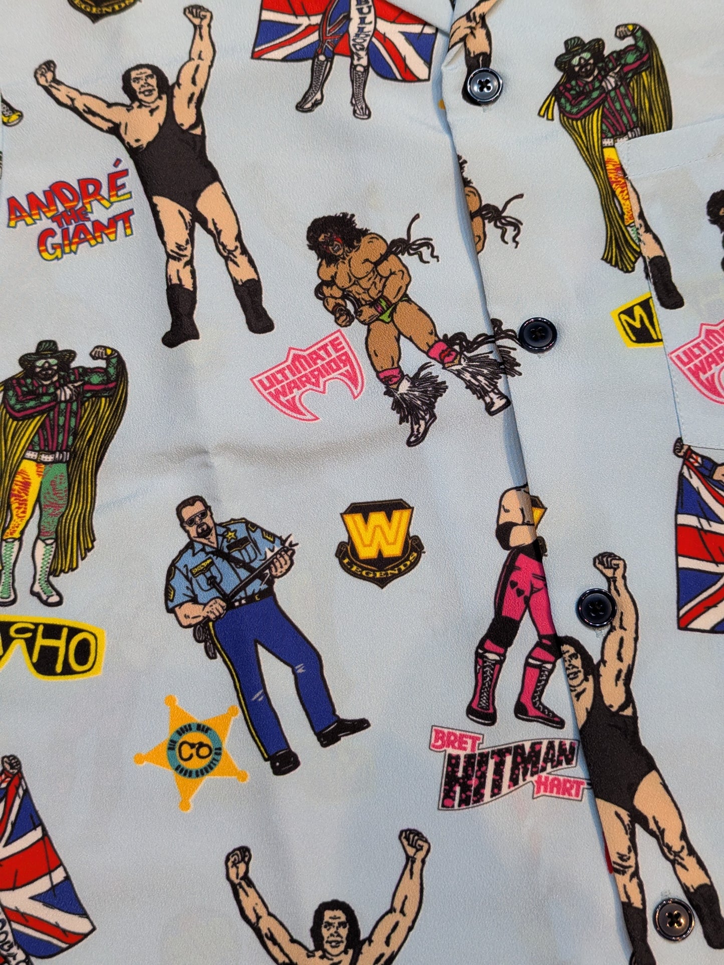 WWE LEGENDS × Regulus All-over Pattern Aloha Shirt (WWE (2010s) / Light Blue)