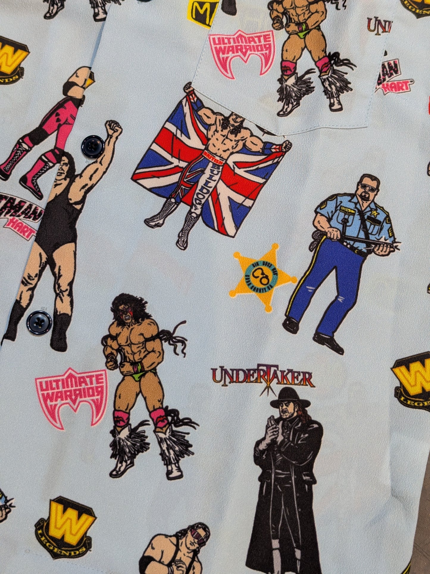 WWE LEGENDS × Regulus All-over Pattern Aloha Shirt (WWE (2010s) / Light Blue)