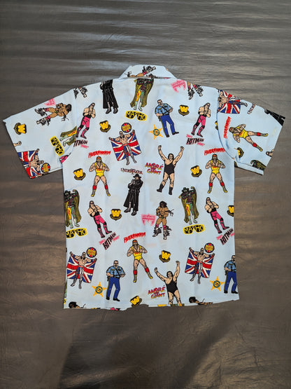 WWE LEGENDS × Regulus All-over Pattern Aloha Shirt (WWE (2010s) / Light Blue)
