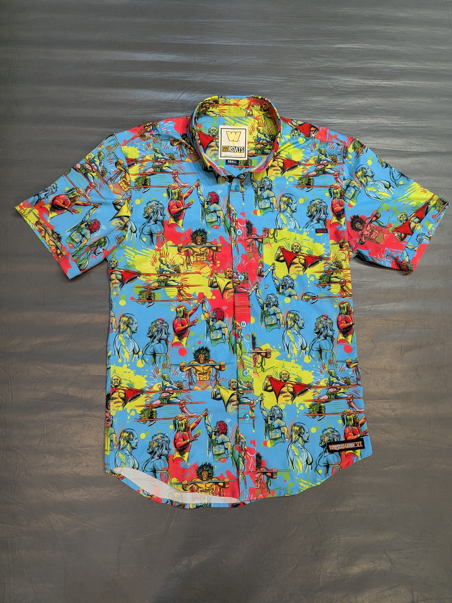 WWE × RSVLTS "WRESTLEMANIA VI" All-over Print Aloha Shirt (WWE (2020) / Light Blue)