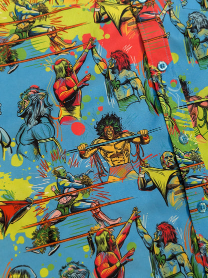 WWE × RSVLTS "WRESTLEMANIA VI" All-over Print Aloha Shirt (WWE (2020) / Light Blue)