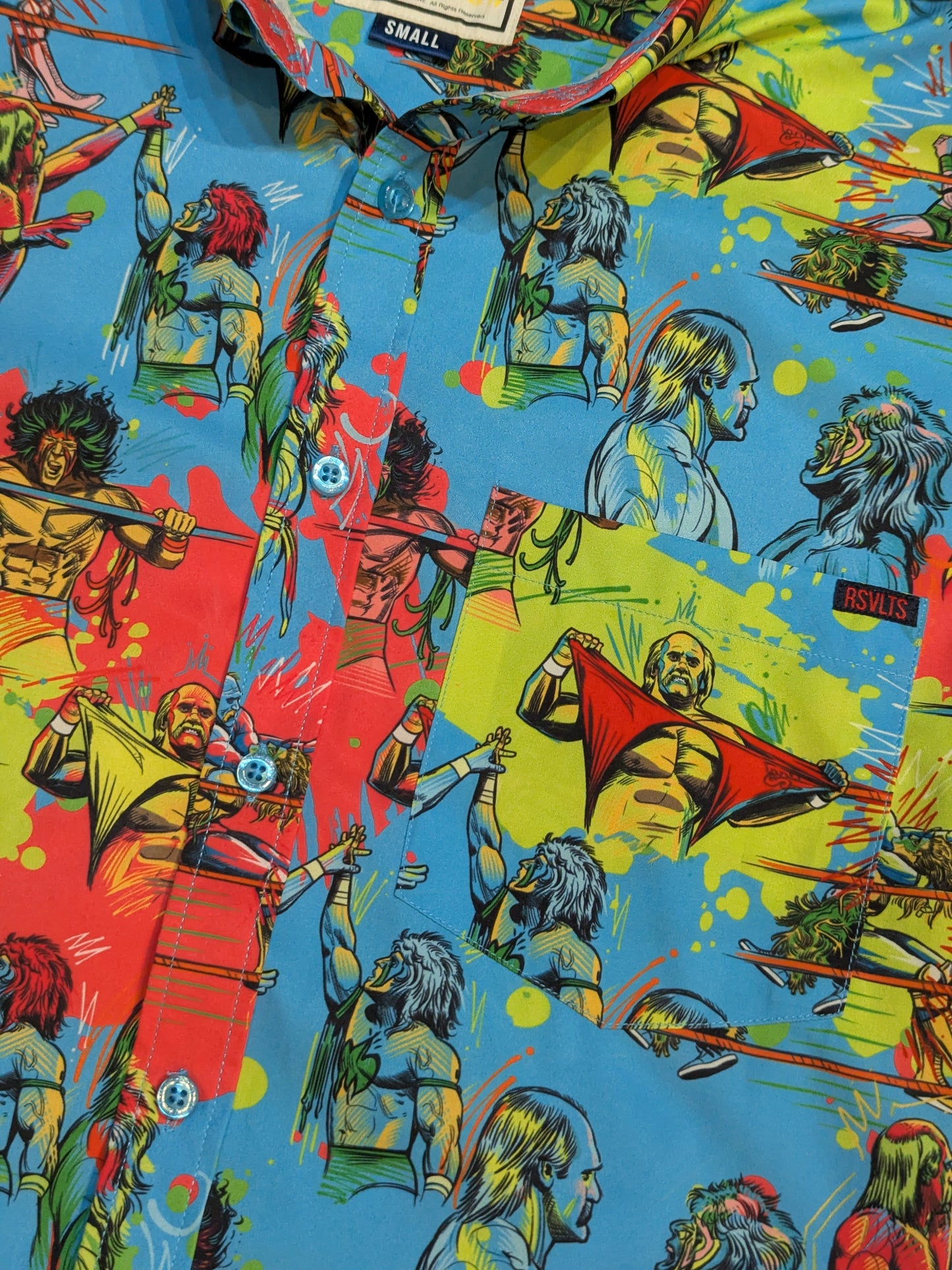 WWE × RSVLTS "WRESTLEMANIA VI" All-over Print Aloha Shirt (WWE (2020) / Light Blue)