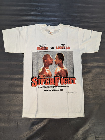 1987年4月6日 マービン・ハグラーvsシュガー・レイ・レナード ピクチャーTシャツ(ホワイト)