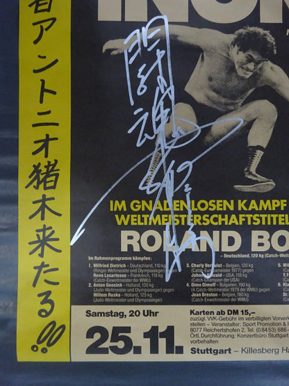 ★ "Fighting Spirit" hand signed autograph !! ★ Stuttgart Tragedy: Antonio Inoki  vs Laurent Bock