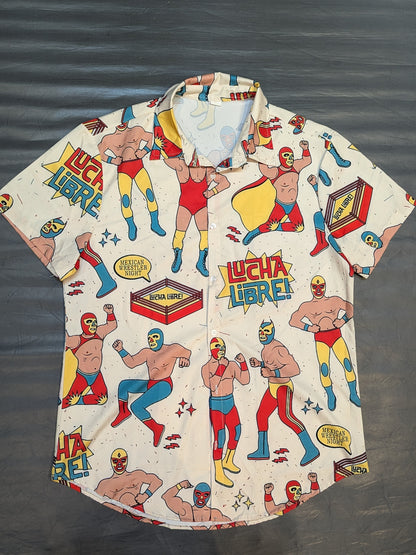 Lucha Libre Open Collar All-Over Print Shirt