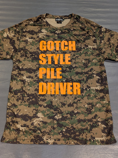 鈴木みのる「GOTCH STYLE PILE DRIVER」ドライTシャツ(迷彩×オレンジ)