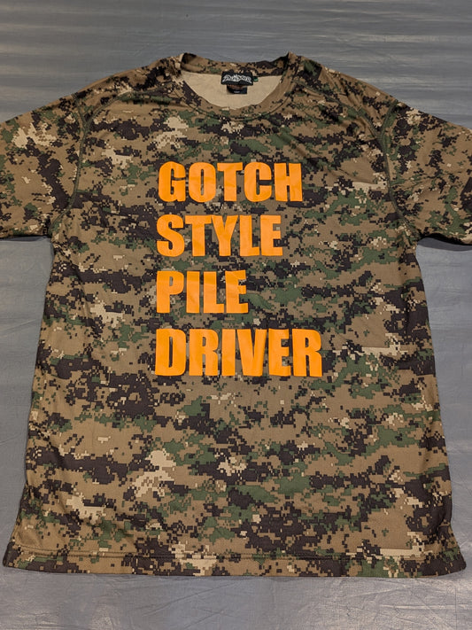 Minoru Suzuki "GOTCH STYLE PILE DRIVER" Dry T-Shirt (Camouflage × Orange)