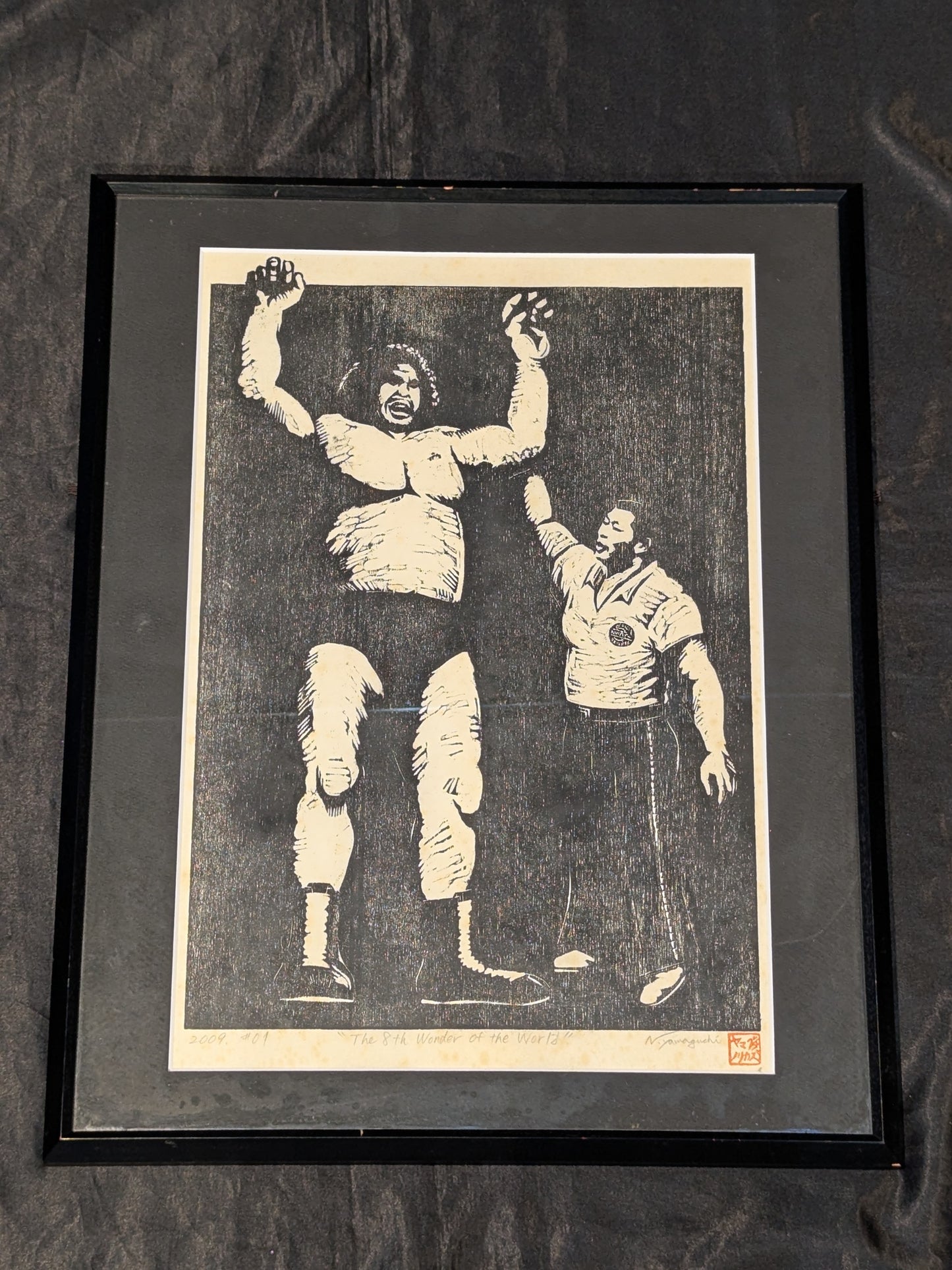 Andre the Giant Signature with Both Hands and Feet ★ Shikishi (Autograph board ) Mr. Takahashi's Secret Collection, The Final Set! ★ Sweater worn by him woodblock print & photo panel set