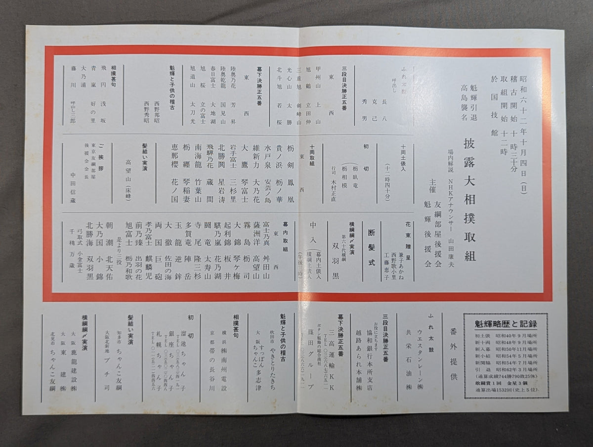 魁輝引退・ 髙島襲名 披露大相撲 取組表