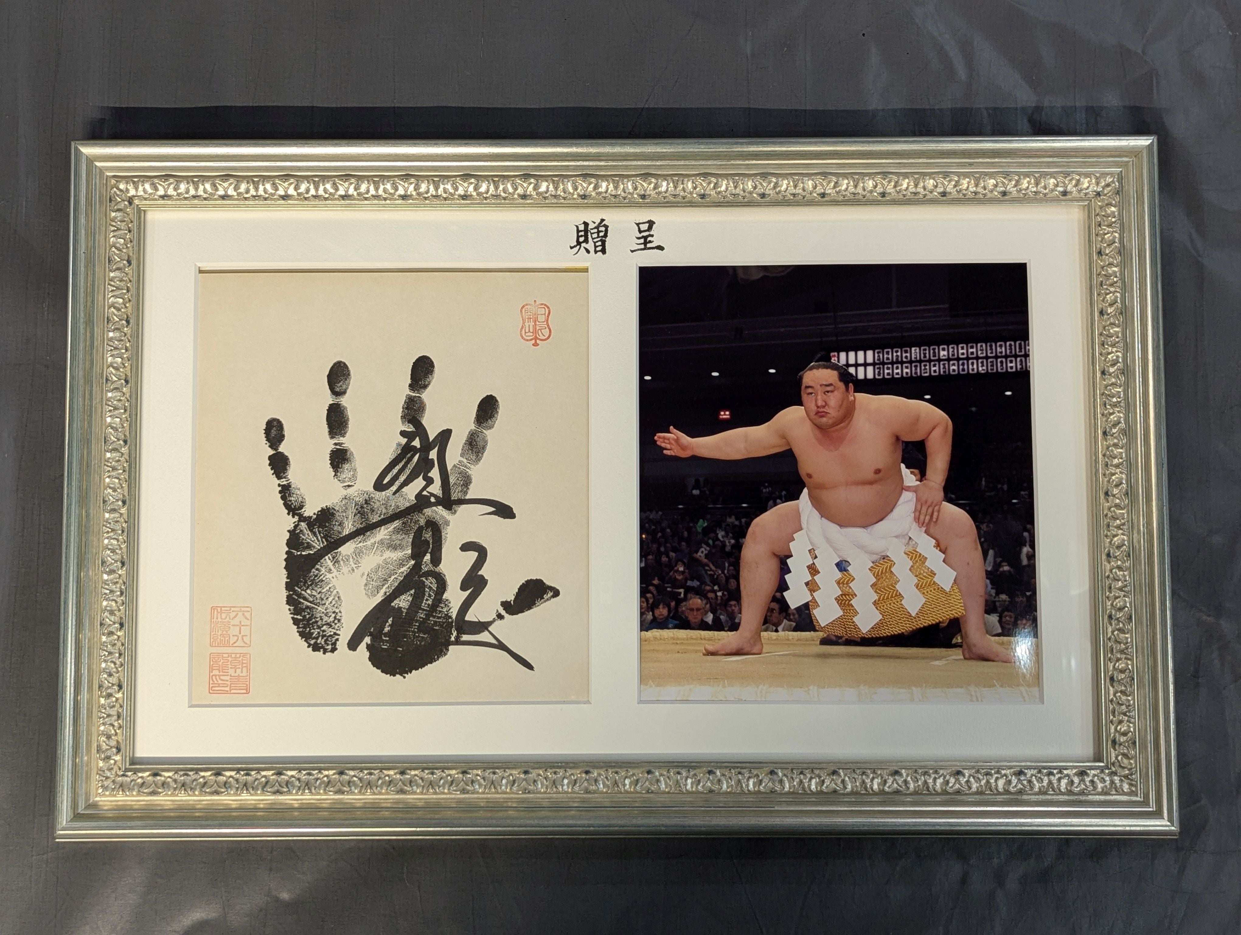 一点物⭐︎子宝絵画　（赤富士、龍、赤ちゃん、ザクロ、龍体文字入り）A4サイズ額入り 朝青龍(黒手形入り) 色紙額 – 闘道館