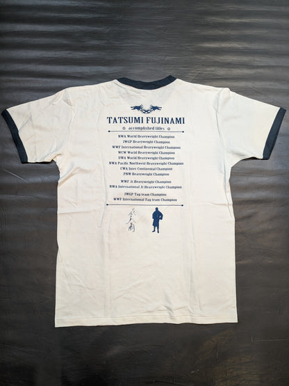 Tatsumi Fujinami  "I NEVER GIVE UP" Picture T-Shirt (White× Navy)