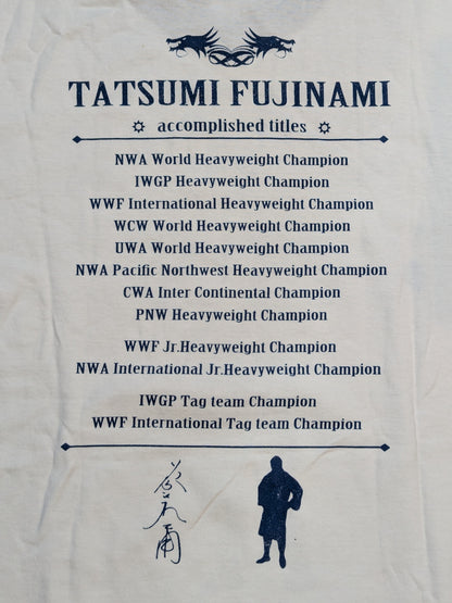 Tatsumi Fujinami  "I NEVER GIVE UP" Picture T-Shirt (White× Navy)