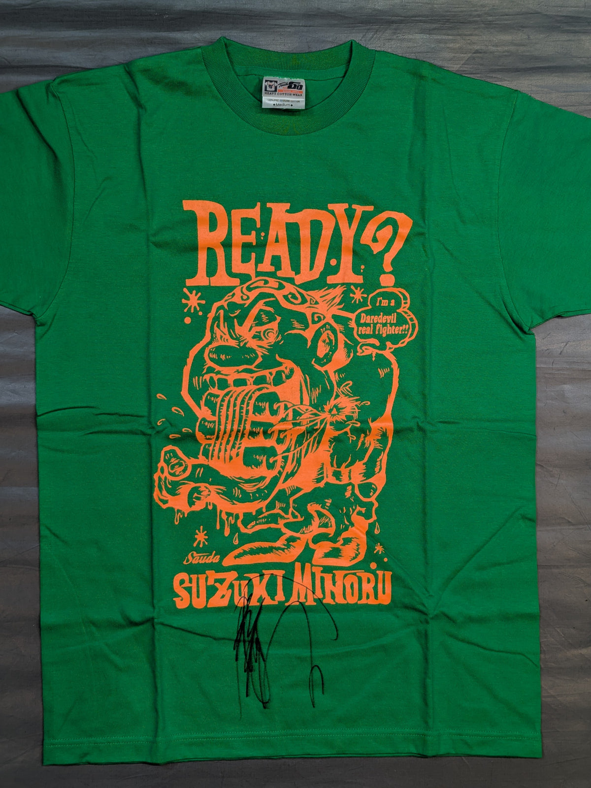 【hand signed autograph】  Minoru Suzuki "READY?" T-shirt (3) (Green× Orange)