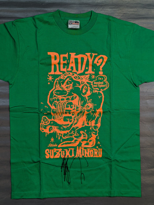 【hand signed autograph】  Minoru Suzuki "READY?" T-shirt (3) (Green× Orange)
