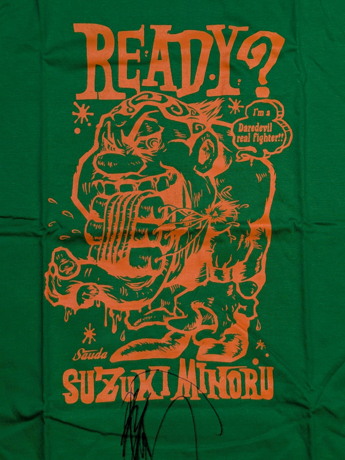 【hand signed autograph】  Minoru Suzuki "READY?" T-shirt (3) (Green× Orange)