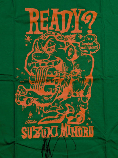 【hand signed autograph】  Minoru Suzuki "READY?" T-shirt (3) (Green× Orange)