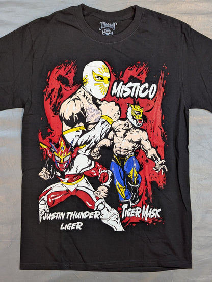 [Mistico  hand signed autograph ] Mistico  & Tiger Mask & Jushin Thunder Liger  "THE MEXICAN SENSATION" Illustration T-Shirt (Black)