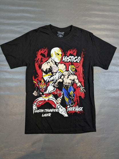 [Mistico  hand signed autograph ] Mistico  & Tiger Mask & Jushin Thunder Liger  "THE MEXICAN SENSATION" Illustration T-Shirt (Black)