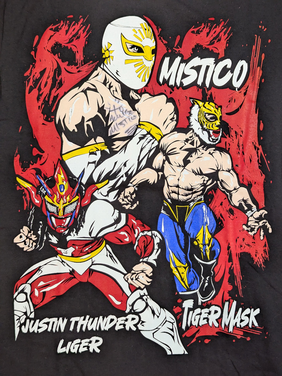 [Mistico  hand signed autograph ] Mistico  & Tiger Mask & Jushin Thunder Liger  "THE MEXICAN SENSATION" Illustration T-Shirt (Black)