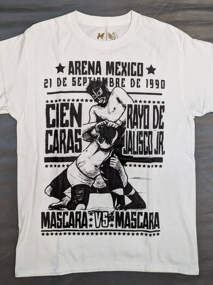シエン・カラスvsラヨ・デ・ハリスコ・ジュニア「MASCARA VS MASCARA」イラストTシャツ(ホワイト)
