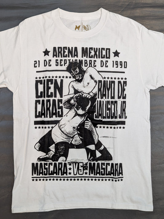 シエン・カラスvsラヨ・デ・ハリスコ・ジュニア「MASCARA VS MASCARA」イラストTシャツ(ホワイト)