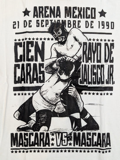 シエン・カラスvsラヨ・デ・ハリスコ・ジュニア「MASCARA VS MASCARA」イラストTシャツ(ホワイト)