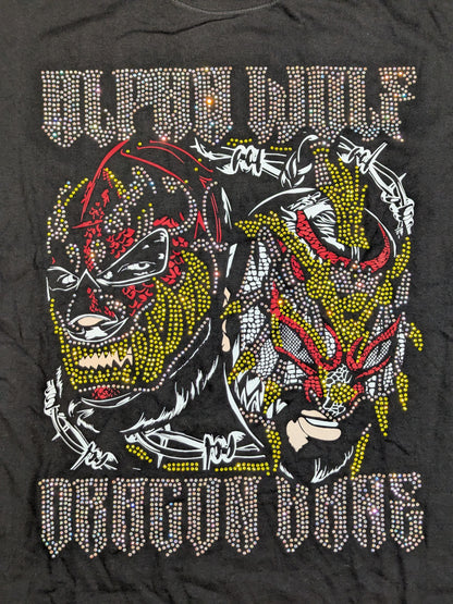 アルファ・ウルフ＆ドラゴン・ベイン スパンコールイラストTシャツ(ブラック)