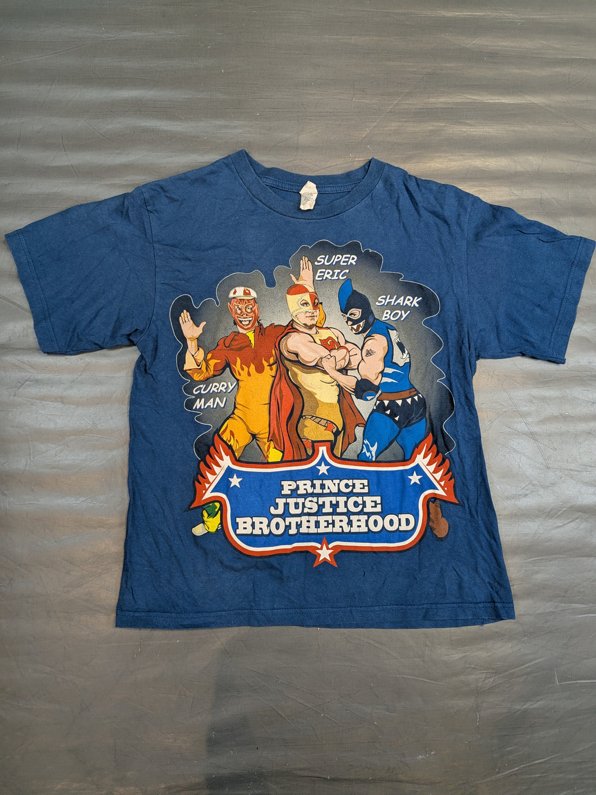 Calleman & Super Eric & Shark Boy 'PRINCE JUSTICE BROTHERHOOD' illustration T-shirt (dark blue)
