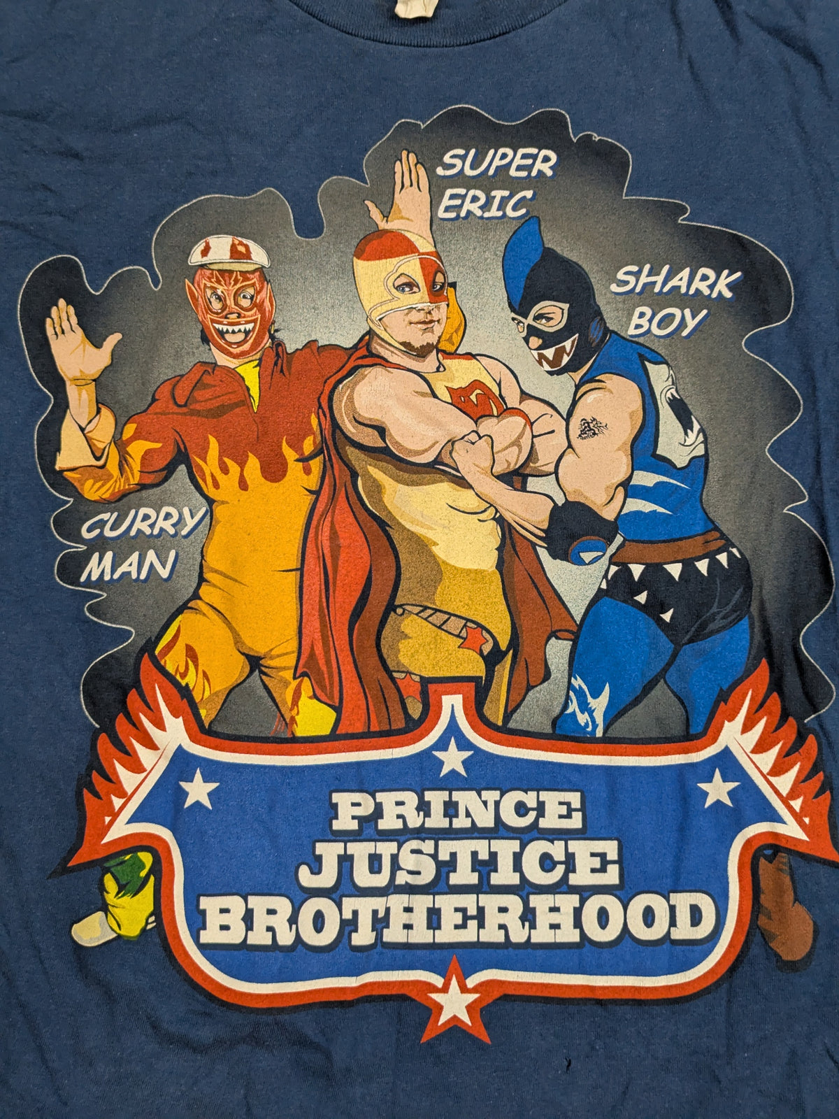 Calleman & Super Eric & Shark Boy 'PRINCE JUSTICE BROTHERHOOD' illustration T-shirt (dark blue)