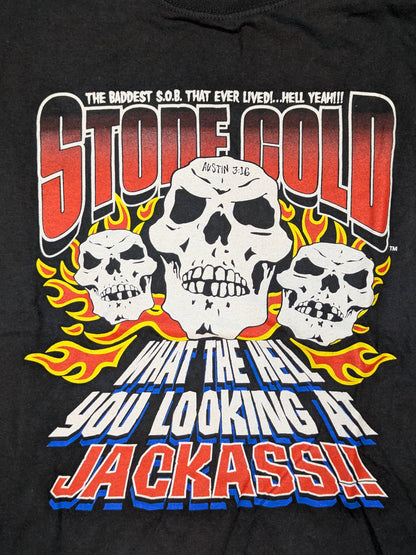 ストーン・コールド・スティーブ・オースチン「WHAT A HELL YOU LOOKING AT JACK ASS!!」Tシャツ(WWF(2000) / ブラック)